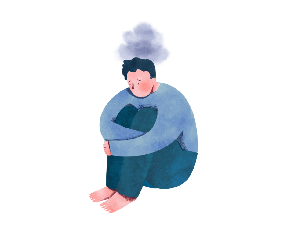 Graphic, Aboy sitting feeling sad and lonely with a cloud over him. Living with a chronic condition.