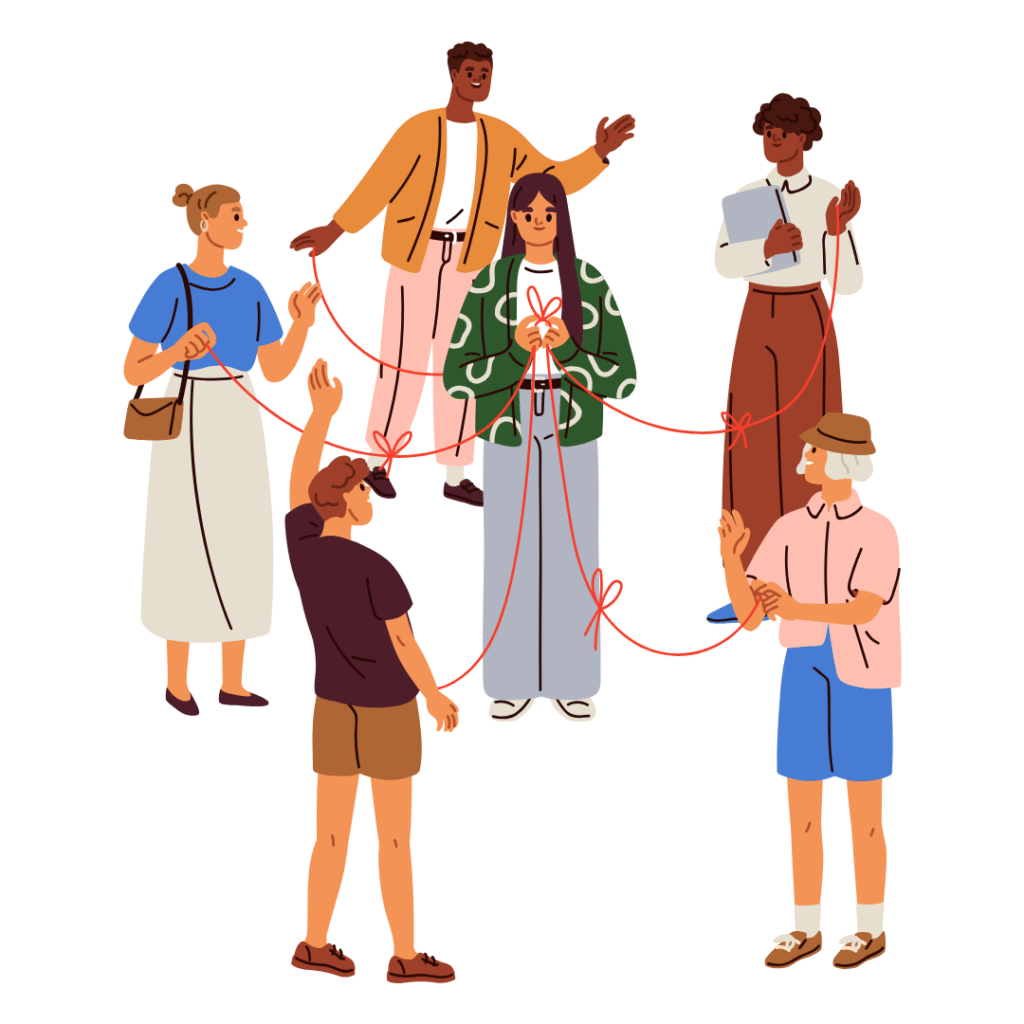 A graphic of a group of people of different colour and backgrounds connecting togather. Let's connect, living with IBD